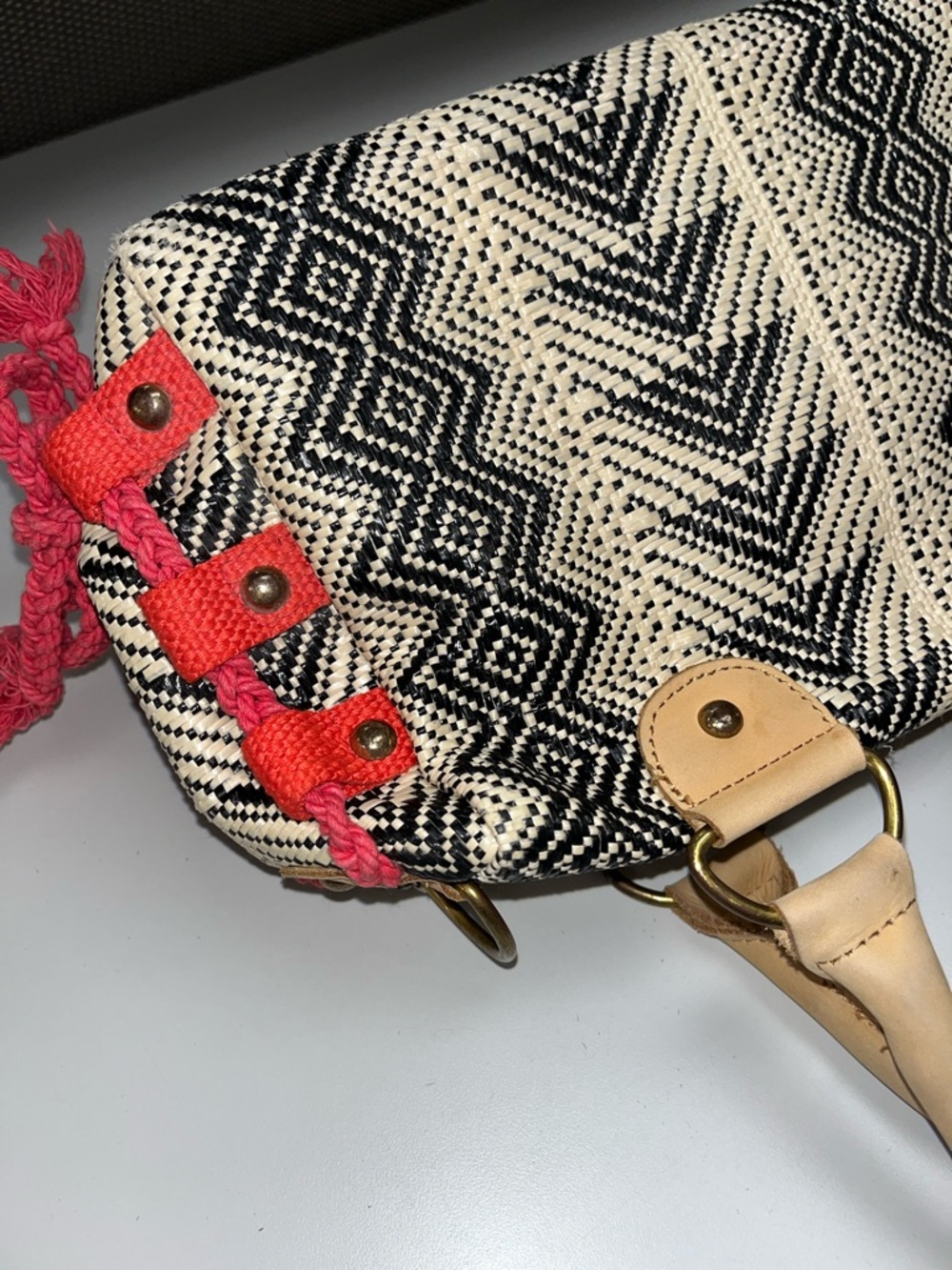 Miss Albright Speciality Woven Chevron Satchel Handbag in Black, Cream & Red - Picture 5 of 16